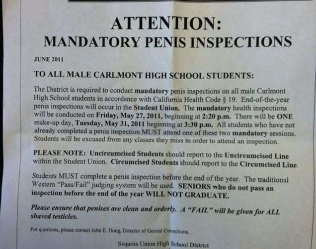 Carlton High School’s Amazing Mandatory Graduation Penis Inspections Memo