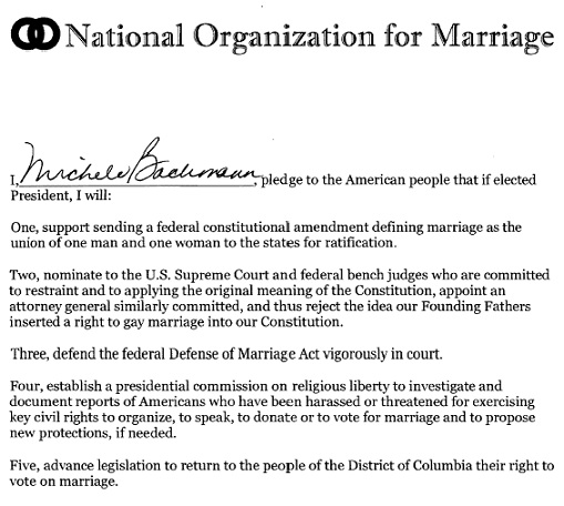 Bachmann, Romney, Santorum Sign NOM Pledge to Beat Gay Marriage to Death