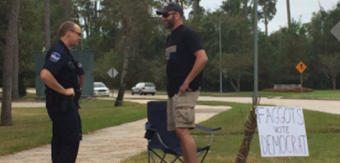 Man With Gun, ‘Faggots Vote Democrat’ Sign Handcuffed Outside Texas Polling Place