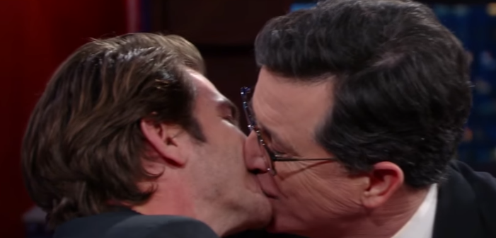 Andrew Garfield Kisses Stephen Colbert (Video)