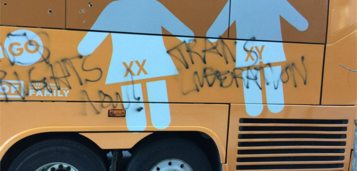 NOM’s Disgusting Transphobic Bus Got Graffiti’d in New York City