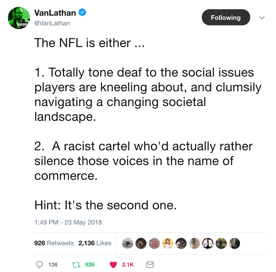 nfl kneeling ban van lathan tweet