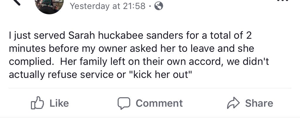 sarah huckabee sanders red hen fb post
