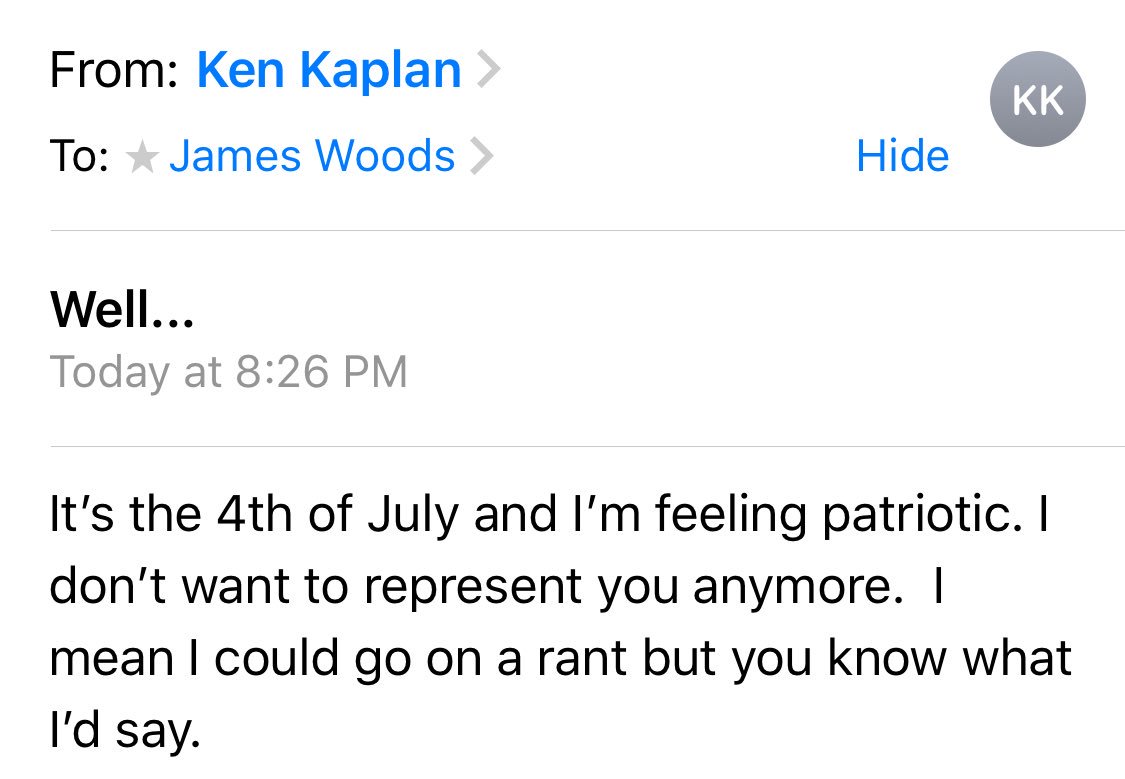 ken kaplan letter james woods's agent