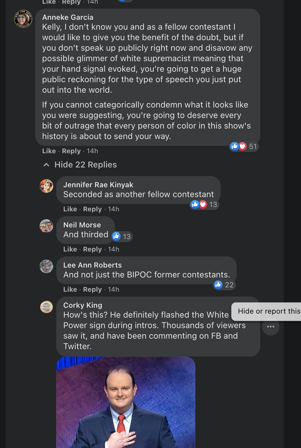 kelly donohoe white supremacist gesture jeopardy comments 2